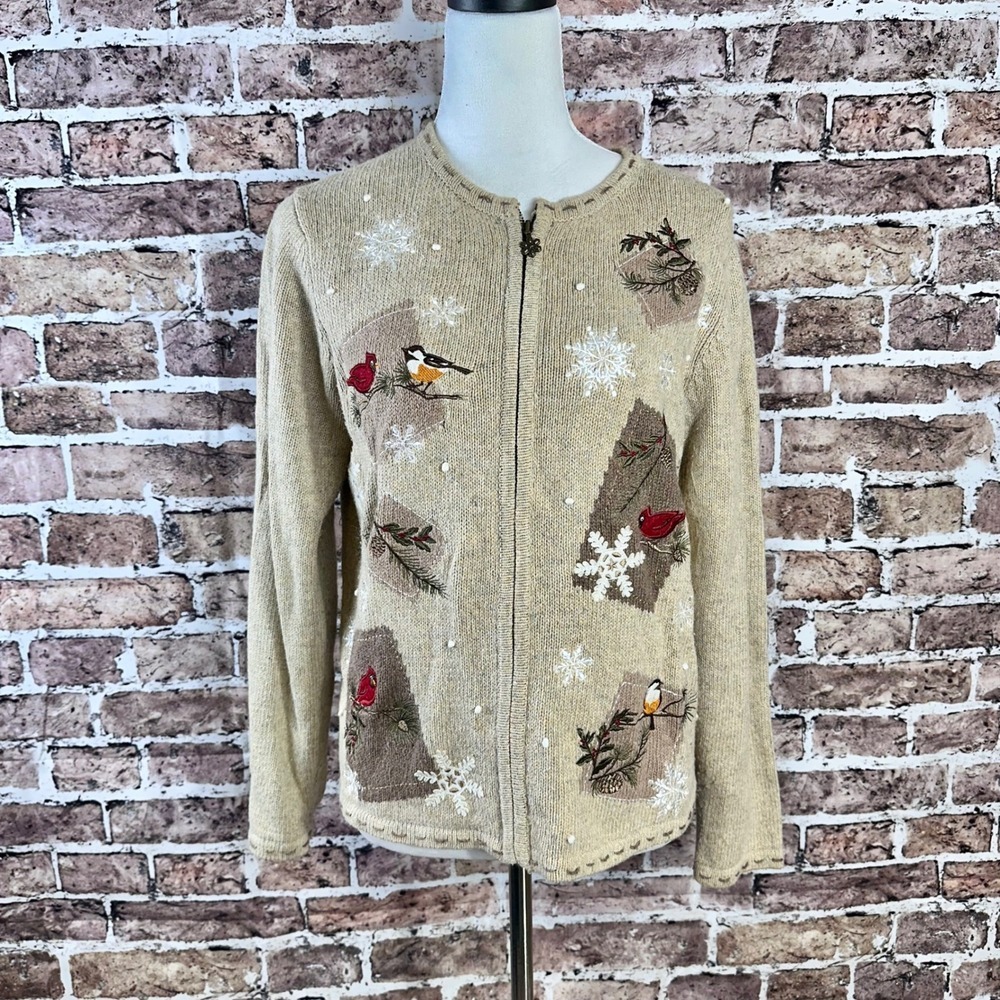 Croft & Barrow Women's Beige Bird Snowflake Zip Up Cardigan Sweater Size S